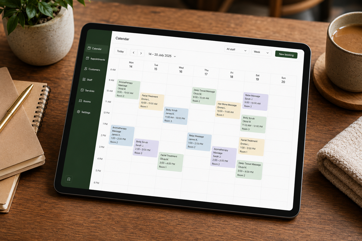 Tablet on a reception desk showing a conflict-free booking calendar